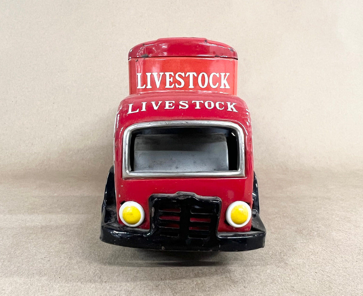 Semi Livestock Truck 1950s Japan - Tin Litho Friction Drive - Red and White Livestock Truck - Back Doors Open