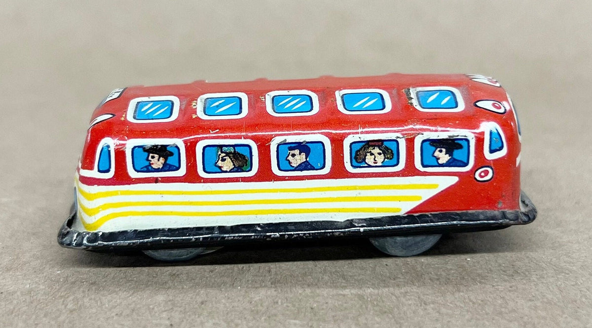 Tin Litho City Bus -  Small Friction Toy  - Caricatures of Classic Passengers in Windows - Made in Japan 1950s - Fine Condition, Wheels Work