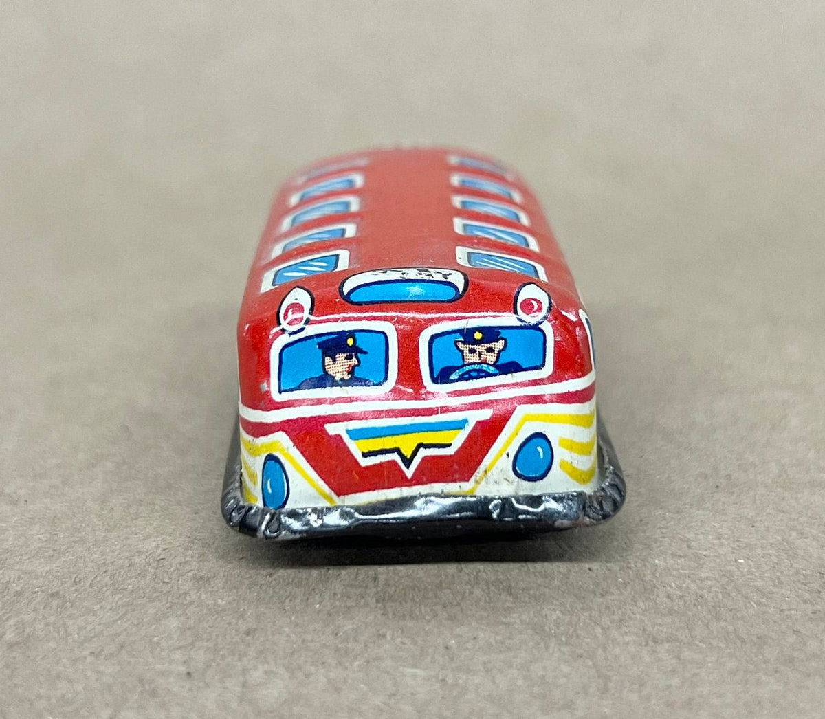 Tin Litho City Bus -  Small Friction Toy  - Caricatures of Classic Passengers in Windows - Made in Japan 1950s - Fine Condition, Wheels Work