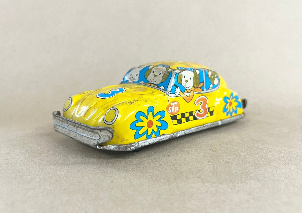 Tin Litho VW Friction Taxi 1960s - STP Car 3 - Shell Logo and STP Logo From 1950s - Made in Japan - Cartoon Characters Inside Taxi