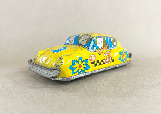 Tin Litho VW Friction Taxi 1960s - STP Car 3 - Shell Logo and STP Logo From 1950s - Made in Japan - Cartoon Characters Inside Taxi