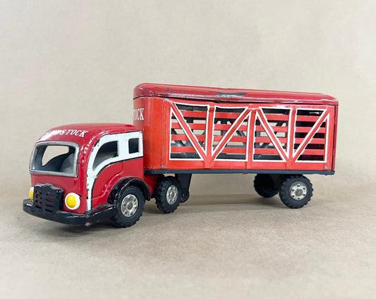 Semi Livestock Truck 1950s Japan - Tin Litho Friction Drive - Red and White Livestock Truck - Back Doors Open