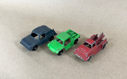 Tootsie Toy Set Of Three- Black Volkswagen Rabbit- Green Dunebuggy- Red Wrecker Tow Truck