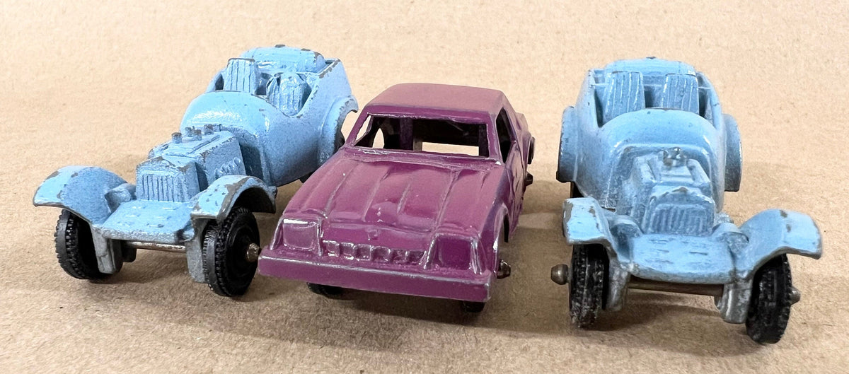 Tootsie Toy Set Of Three- Two Baby Blue Dragsters- One Purple Monza- Original Paint And Tires - Sold as a set