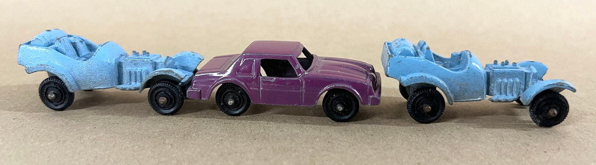 Tootsie Toy Set Of Three- Two Baby Blue Dragsters- One Purple Monza- Original Paint And Tires - Sold as a set