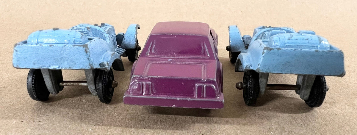 Tootsie Toy Set Of Three- Two Baby Blue Dragsters- One Purple Monza- Original Paint And Tires - Sold as a set