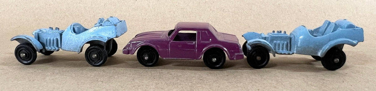 Tootsie Toy Set Of Three- Two Baby Blue Dragsters- One Purple Monza- Original Paint And Tires - Sold as a set