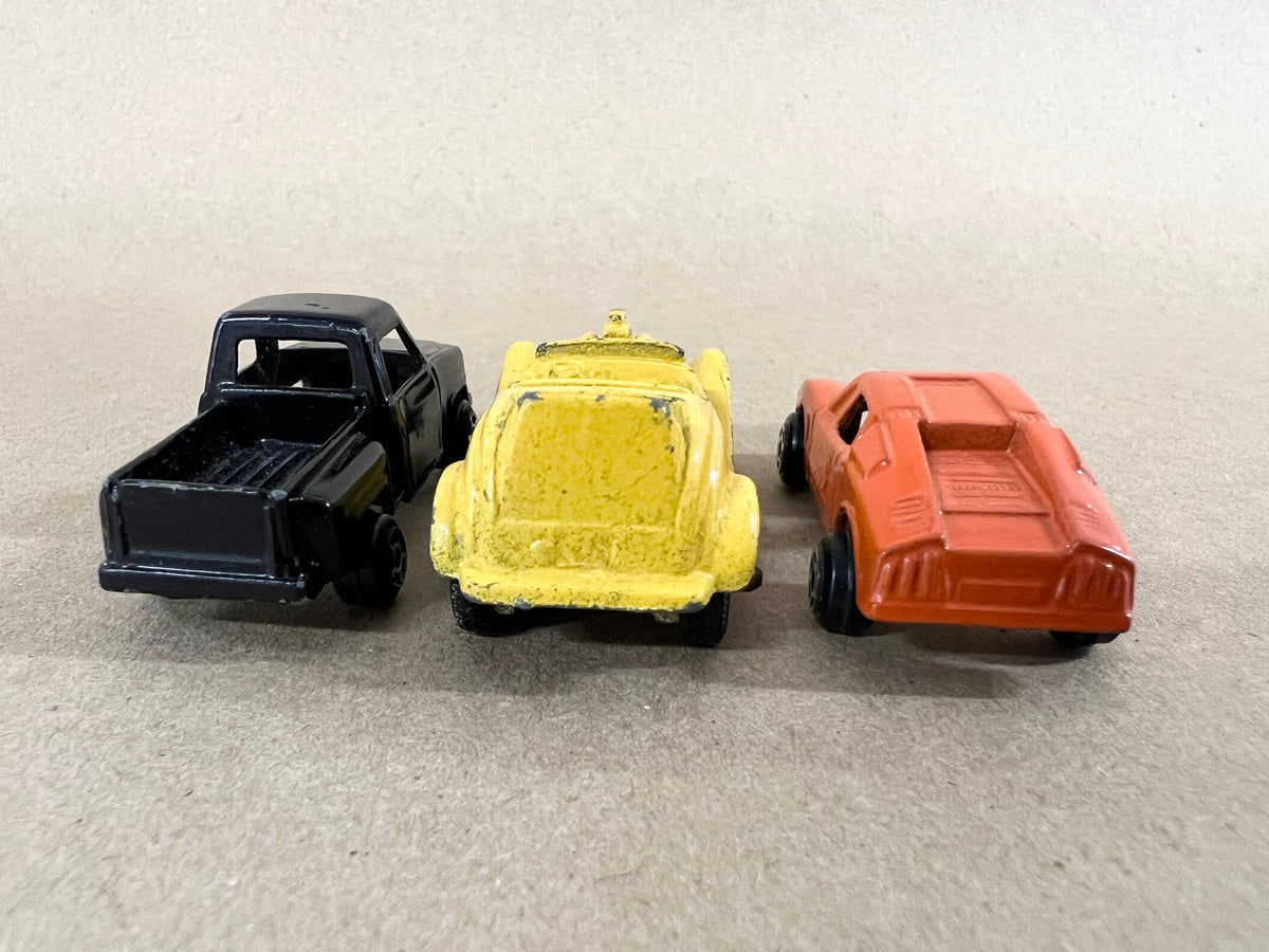 Tootsie Toy Set Of Three- Black Chevy Step Side Pickup Truck- Yellow Roadster- Orange Lamborghini Car- Original Paint & Tires Sold as a set