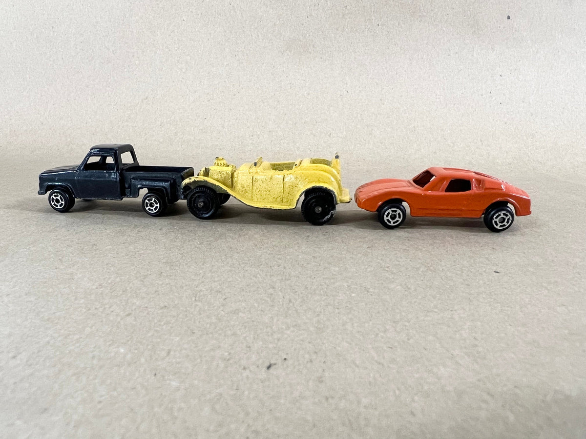 Tootsie Toy Set Of Three- Black Chevy Step Side Pickup Truck- Yellow Roadster- Orange Lamborghini Car- Original Paint & Tires Sold as a set