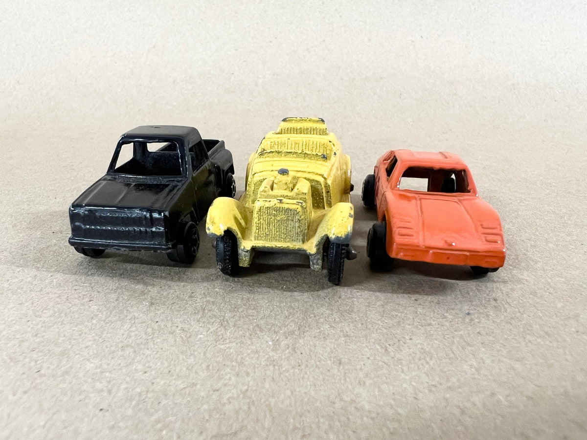 Tootsie Toy Set Of Three- Black Chevy Step Side Pickup Truck- Yellow Roadster- Orange Lamborghini Car- Original Paint & Tires Sold as a set