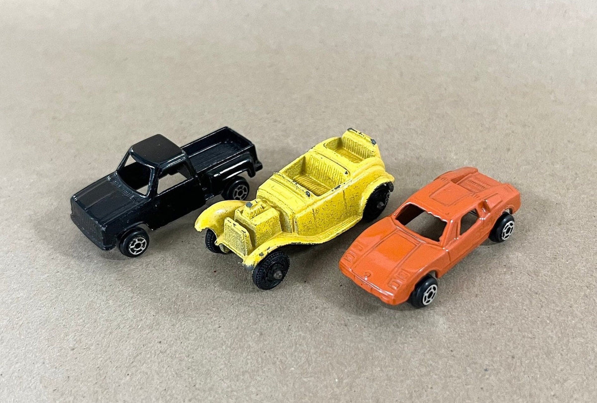 Tootsie Toy Set Of Three- Black Chevy Step Side Pickup Truck- Yellow Roadster- Orange Lamborghini Car- Original Paint & Tires Sold as a set