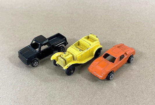 Tootsie Toy Set Of Three- Black Chevy Step Side Pickup Truck- Yellow Roadster- Orange Lamborghini Car- Original Paint & Tires Sold as a set