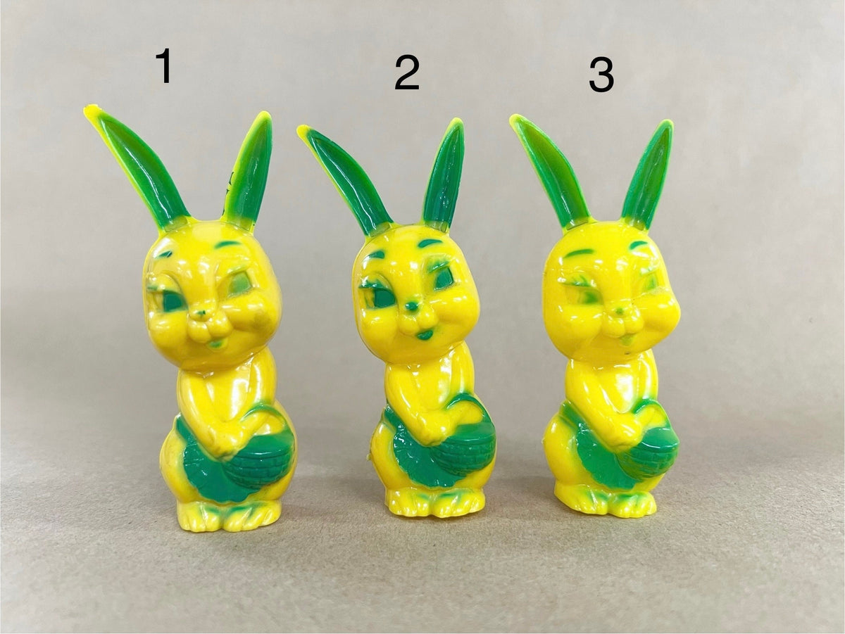 Corwin Yellow PlasticEaster Bunny with Green Accents Holding Basket-  Oh those Flirty Bunny Eyes  - 3 Available Sold Separately
