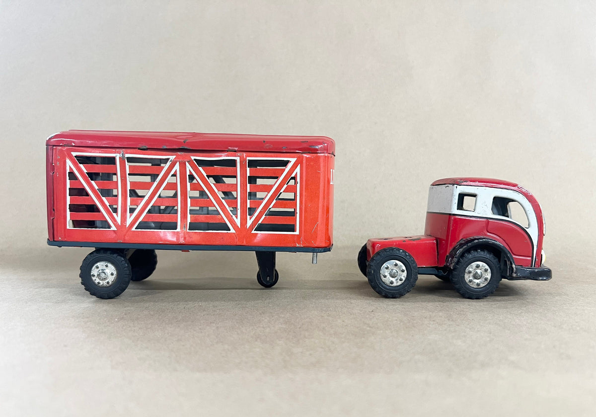Semi Livestock Truck 1950s Japan - Tin Litho Friction Drive - Red and White Livestock Truck - Back Doors Open