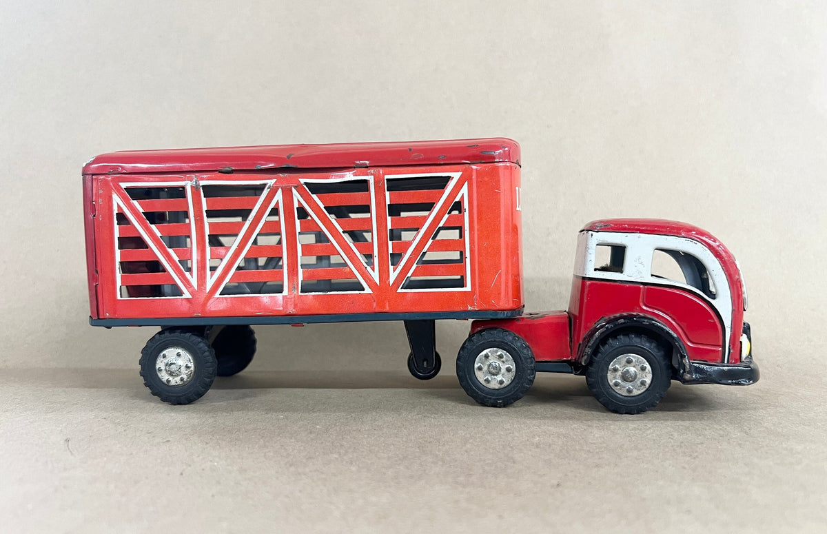 Semi Livestock Truck 1950s Japan - Tin Litho Friction Drive - Red and White Livestock Truck - Back Doors Open
