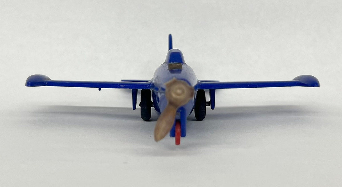 USAF Plastic Blue Fighter Jet  - Argo Plastic Fighter Jet - Propeller Missing 2 Blades - push buttons on nose to reverse propeller spin