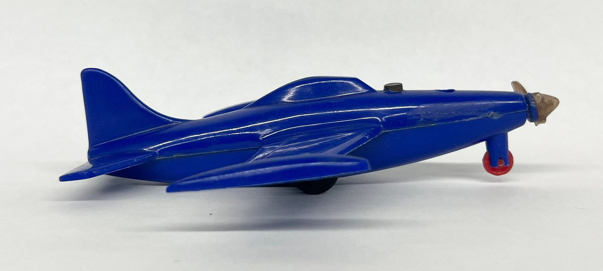 USAF Plastic Blue Fighter Jet  - Argo Plastic Fighter Jet - Propeller Missing 2 Blades - push buttons on nose to reverse propeller spin
