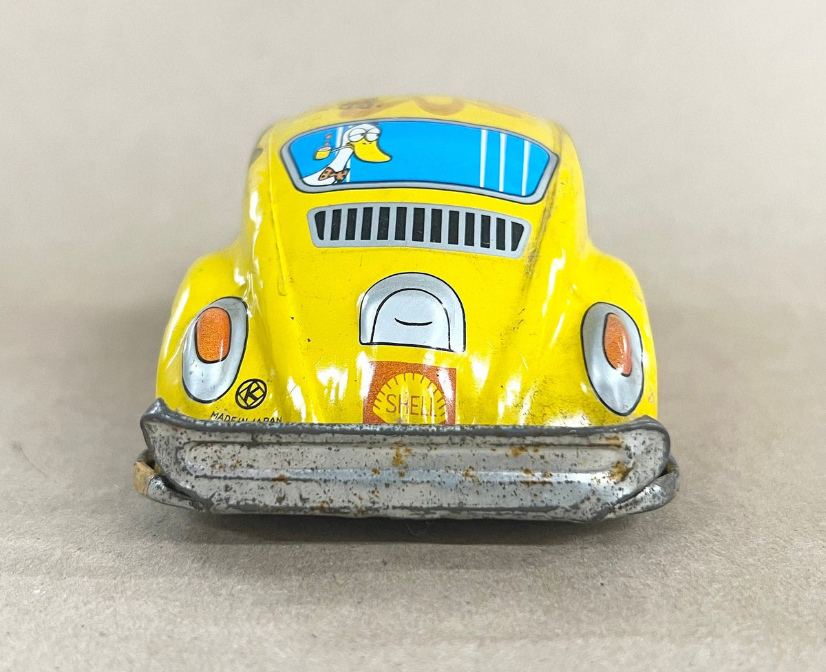 Tin Litho VW Friction Taxi 1960s - STP Car 3 - Shell Logo and STP Logo From 1950s - Made in Japan - Cartoon Characters Inside Taxi