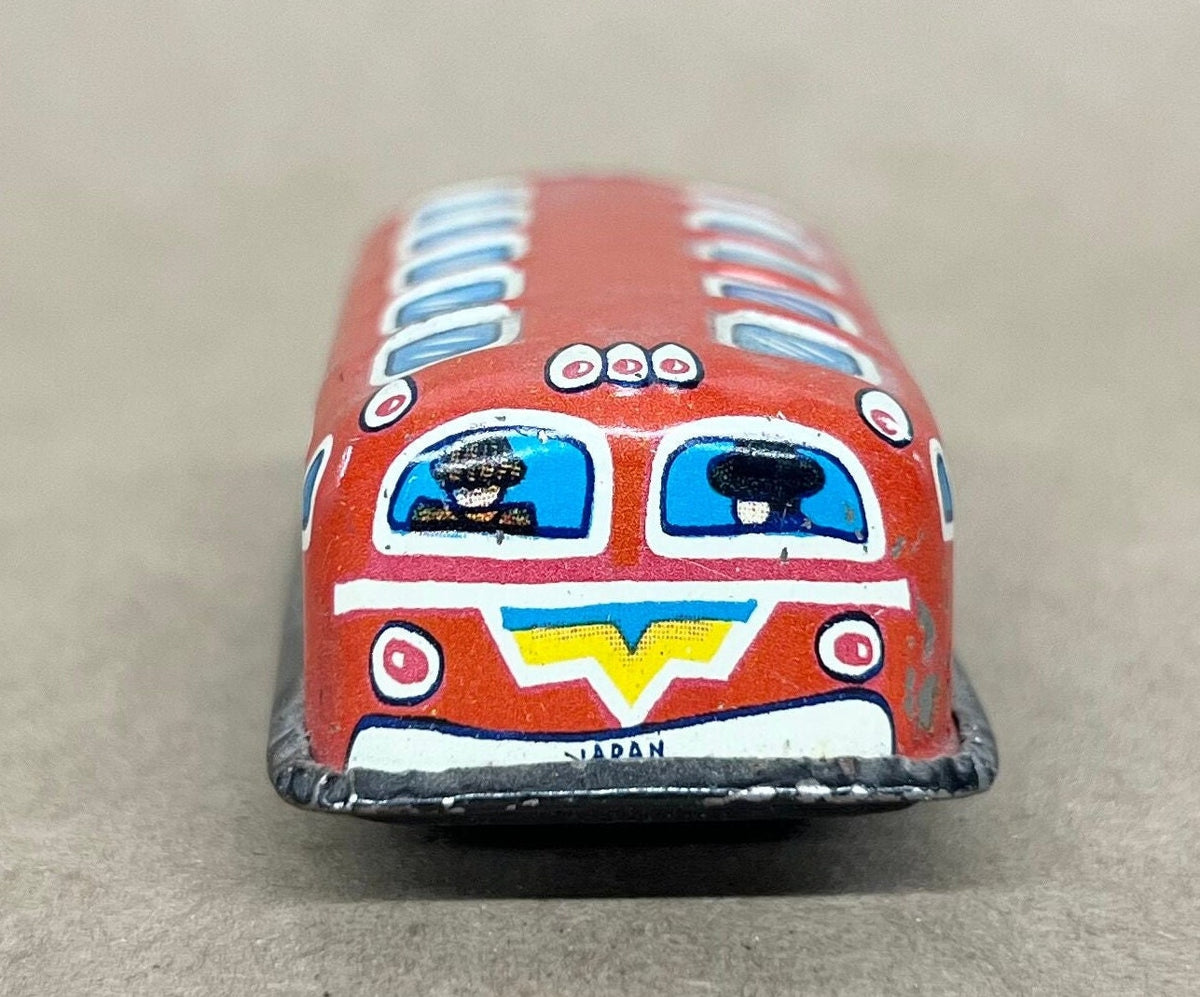 Tin Litho City Bus -  Small Friction Toy  - Caricatures of Classic Passengers in Windows - Made in Japan 1950s - Fine Condition, Wheels Work