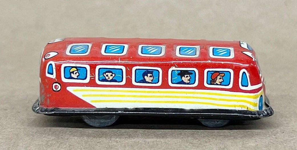 Tin Litho City Bus -  Small Friction Toy  - Caricatures of Classic Passengers in Windows - Made in Japan 1950s - Fine Condition, Wheels Work