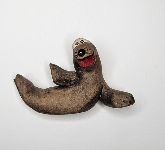 Happy Bug-Eyed Sea Lion - Handmade Clay Figurine -  Cute Waving Sea Lion - Cartoon Sea Lion Figurine - Collectible Sea Lion Clay Figure