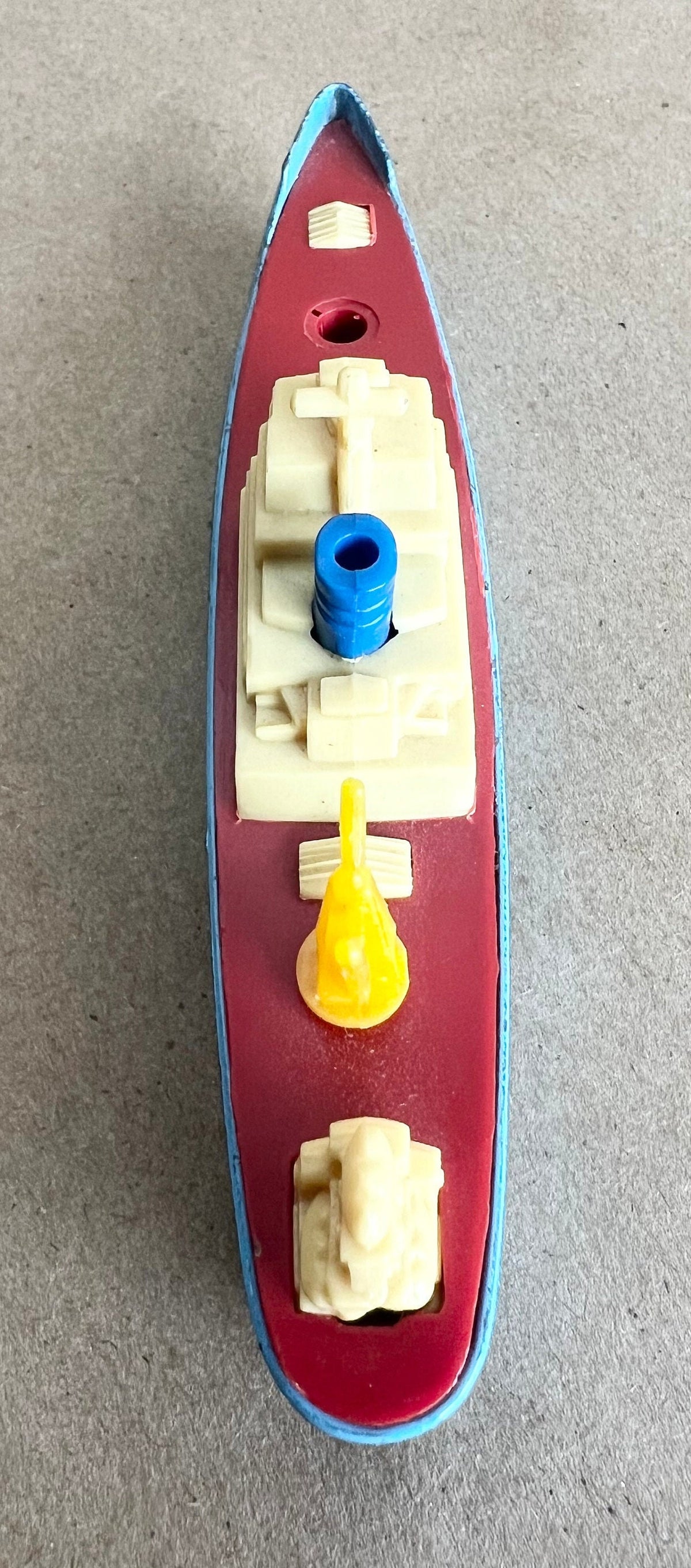 Metal Die Cast Cargo Ship in Blue Color- Tootsie Toy-1960's- Missing one small piece - original wheels in working condition - unusual color