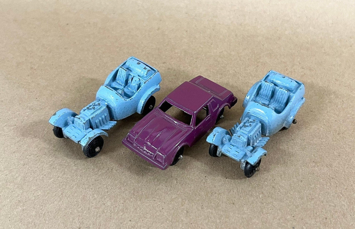 Tootsie Toy Set Of Three- Two Baby Blue Dragsters- One Purple Monza- Original Paint And Tires - Sold as a set