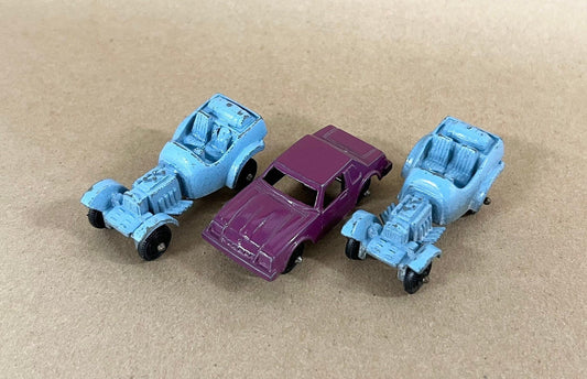 Tootsie Toy Set Of Three- Two Baby Blue Dragsters- One Purple Monza- Original Paint And Tires - Sold as a set