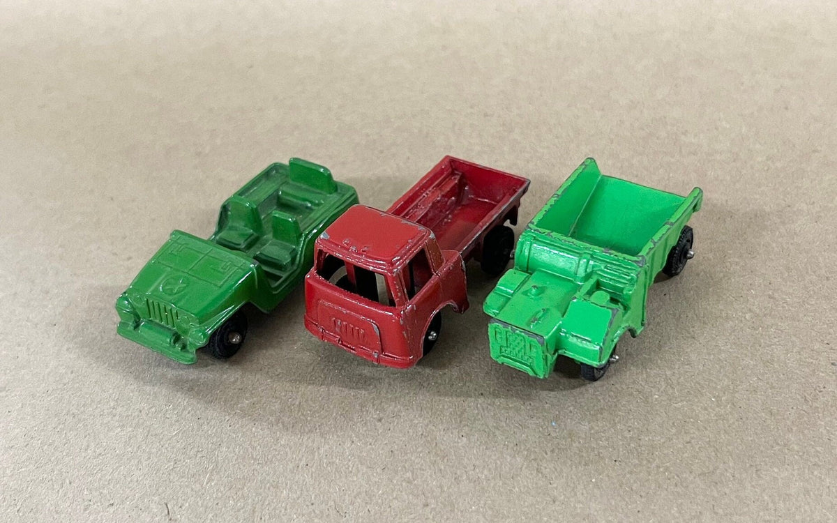 Tootsie Toy Set Of Three- Red Zoo Animal Truck- Green Dump Truck- Green Army Truck original wheels - sold as a set