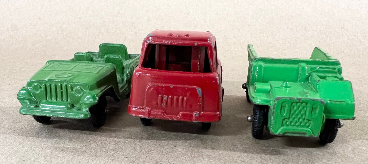 Tootsie Toy Set Of Three- Red Zoo Animal Truck- Green Dump Truck- Green Army Truck original wheels - sold as a set