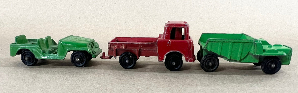 Tootsie Toy Set Of Three- Red Zoo Animal Truck- Green Dump Truck- Green Army Truck original wheels - sold as a set