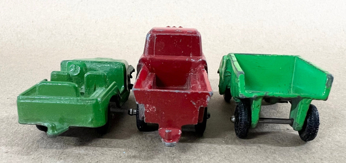 Tootsie Toy Set Of Three- Red Zoo Animal Truck- Green Dump Truck- Green Army Truck original wheels - sold as a set