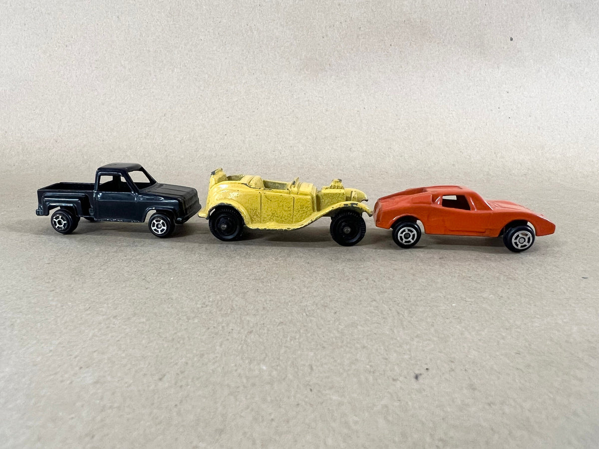 Tootsie Toy Set Of Three- Black Chevy Step Side Pickup Truck- Yellow Roadster- Orange Lamborghini Car- Original Paint & Tires Sold as a set
