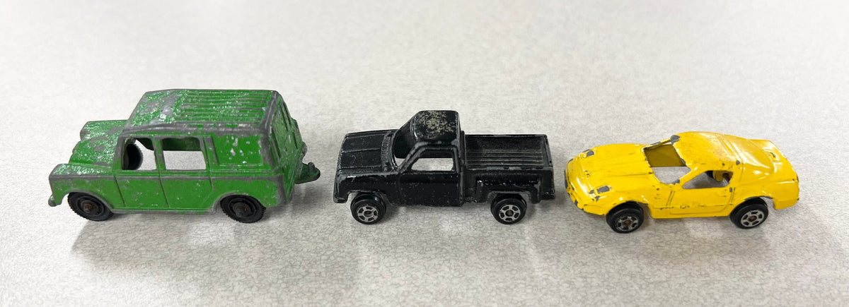 1970s Tootsie Toy Set Of Three- Green Land Rover- Yellow Chevy Corvette- Black Chevy Pick Up Truck- Original Paint And Tires - sold as a set