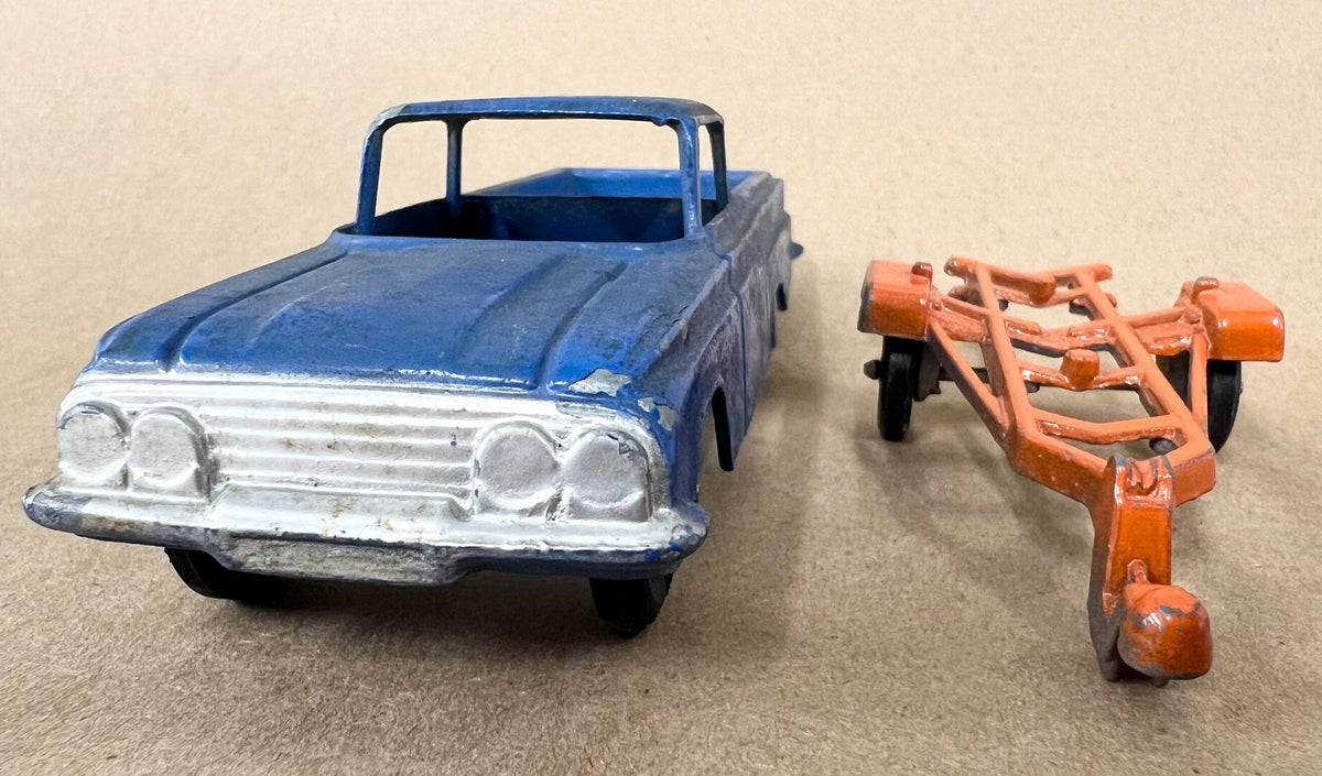 1961 Blue Tootsie Toy Chevrolet El Camino Truck with Orange Trailer- Actual Tootsie Toy Tires - Trailer Paint appears to Original