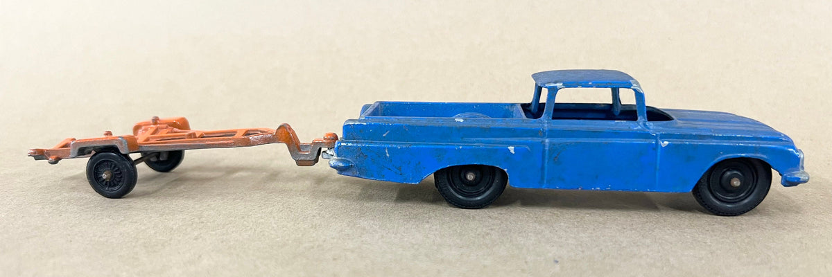 1961 Blue Tootsie Toy Chevrolet El Camino Truck with Orange Trailer- Actual Tootsie Toy Tires - Trailer Paint appears to Original