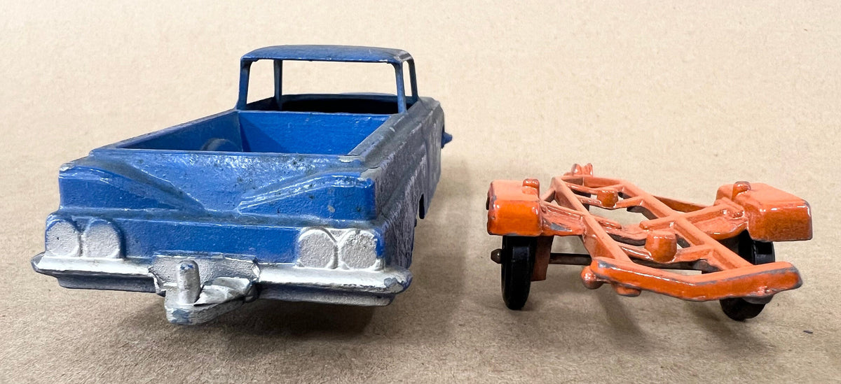 1961 Blue Tootsie Toy Chevrolet El Camino Truck with Orange Trailer- Actual Tootsie Toy Tires - Trailer Paint appears to Original