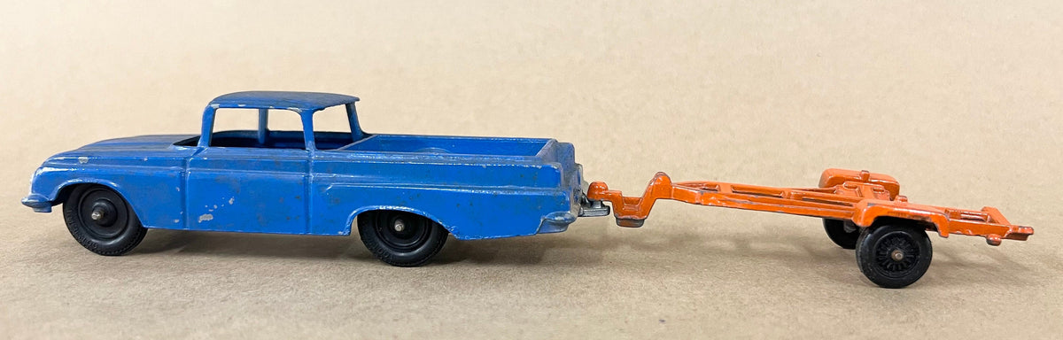 1961 Blue Tootsie Toy Chevrolet El Camino Truck with Orange Trailer- Actual Tootsie Toy Tires - Trailer Paint appears to Original