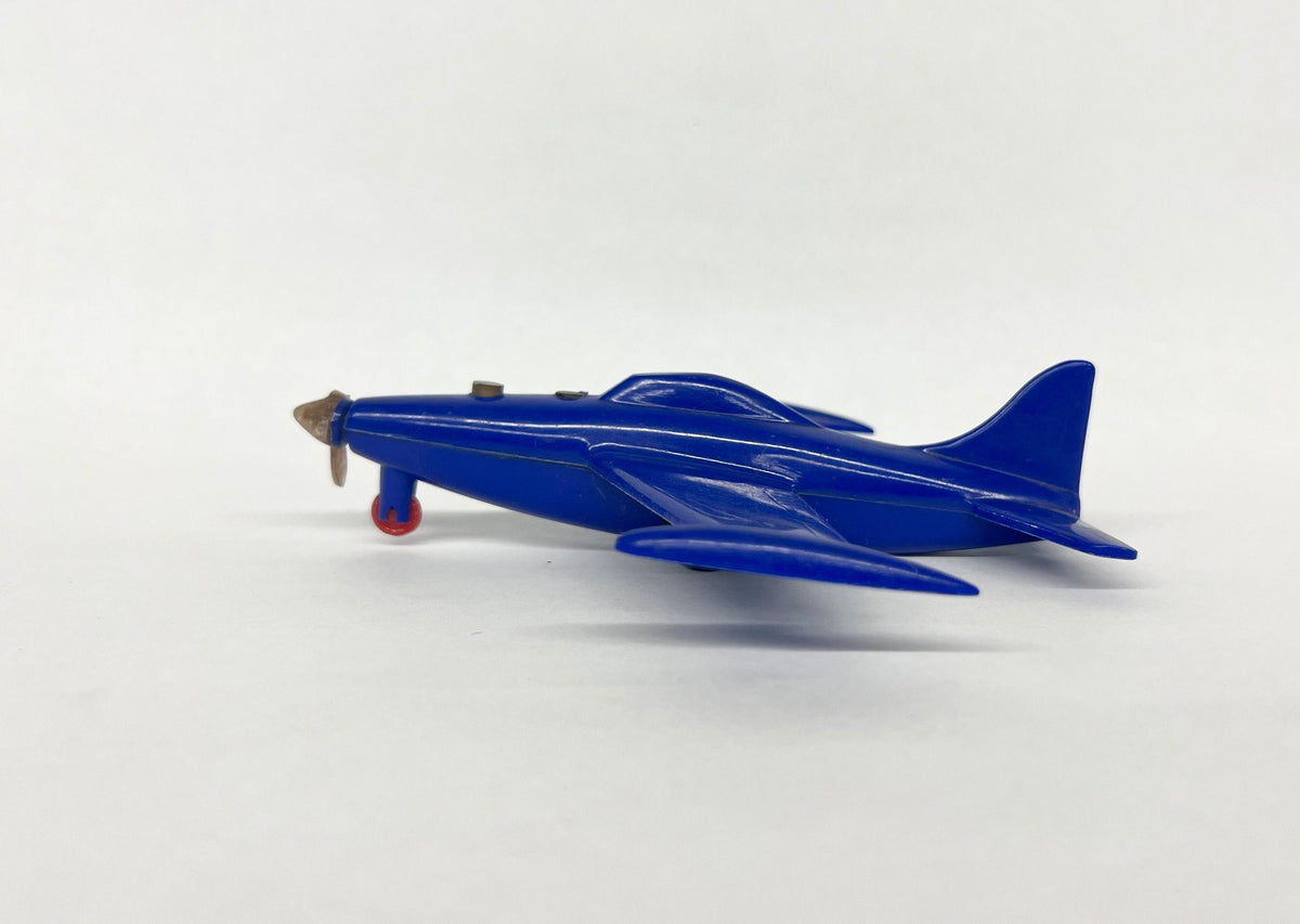 USAF Plastic Blue Fighter Jet  - Argo Plastic Fighter Jet - Propeller Missing 2 Blades - push buttons on nose to reverse propeller spin