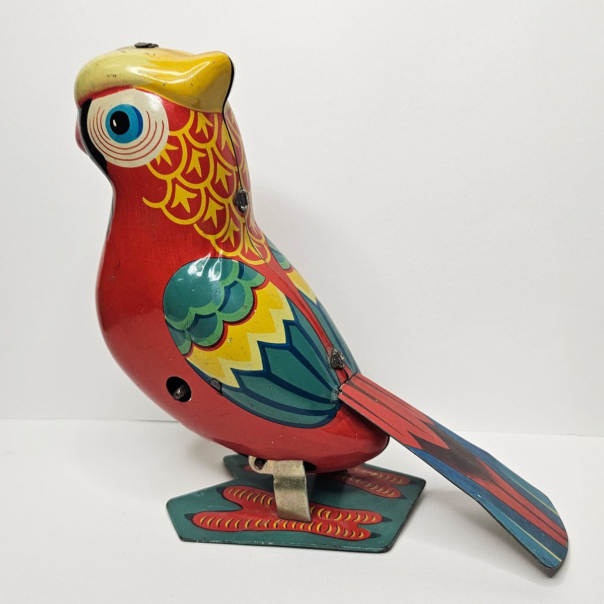 Tin Litho Jumping Red Wind Up Parrot with Key - Mechanical Bird Toy - Tinie Toy Parrot- winds up with key - Tin Litho Toy Parrot