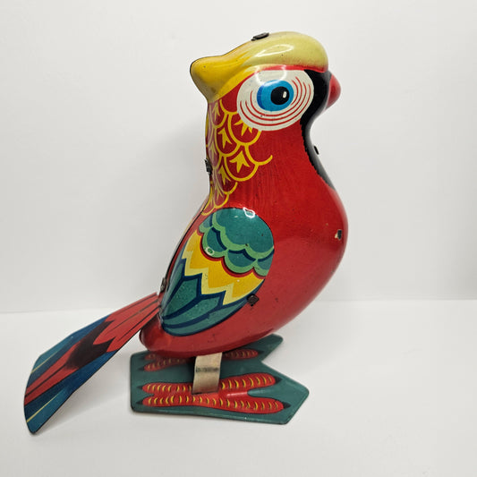 Tin Litho Jumping Red Wind Up Parrot with Key - Mechanical Bird Toy - Tinie Toy Parrot- winds up with key - Tin Litho Toy Parrot