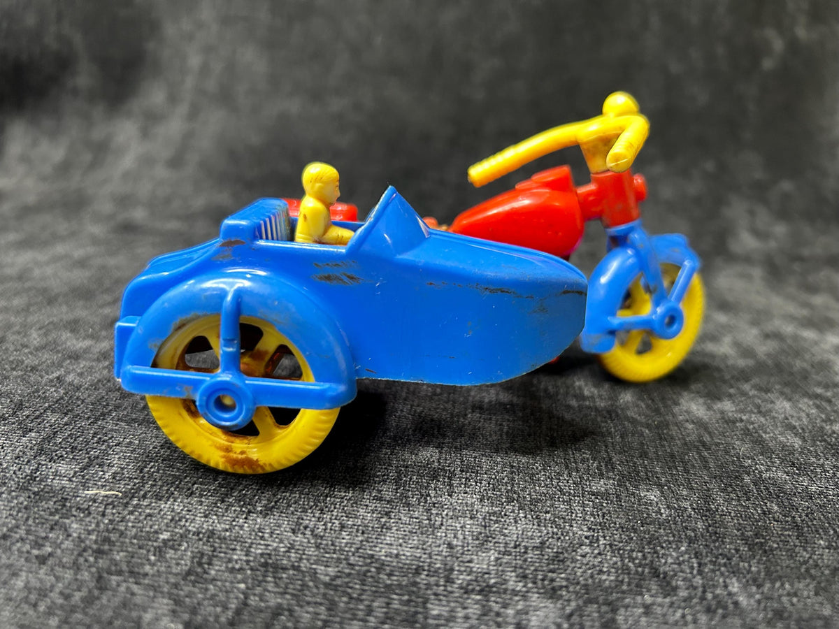 Renwal Motorcycle with Sidecar- Missing seat and Driver - Plastic Toy Motorcycle with Sidecar - MidCentury Toy  - minature Toy
