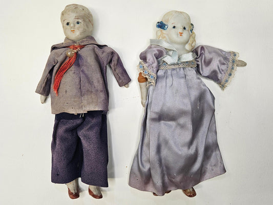 Japanese Bisque 7.5" Dolls- 1930s Boy and Girl Jointed Bisque Dolls Original Clothes-Hand Painted Features and Lace Underskirt - Sold as Set