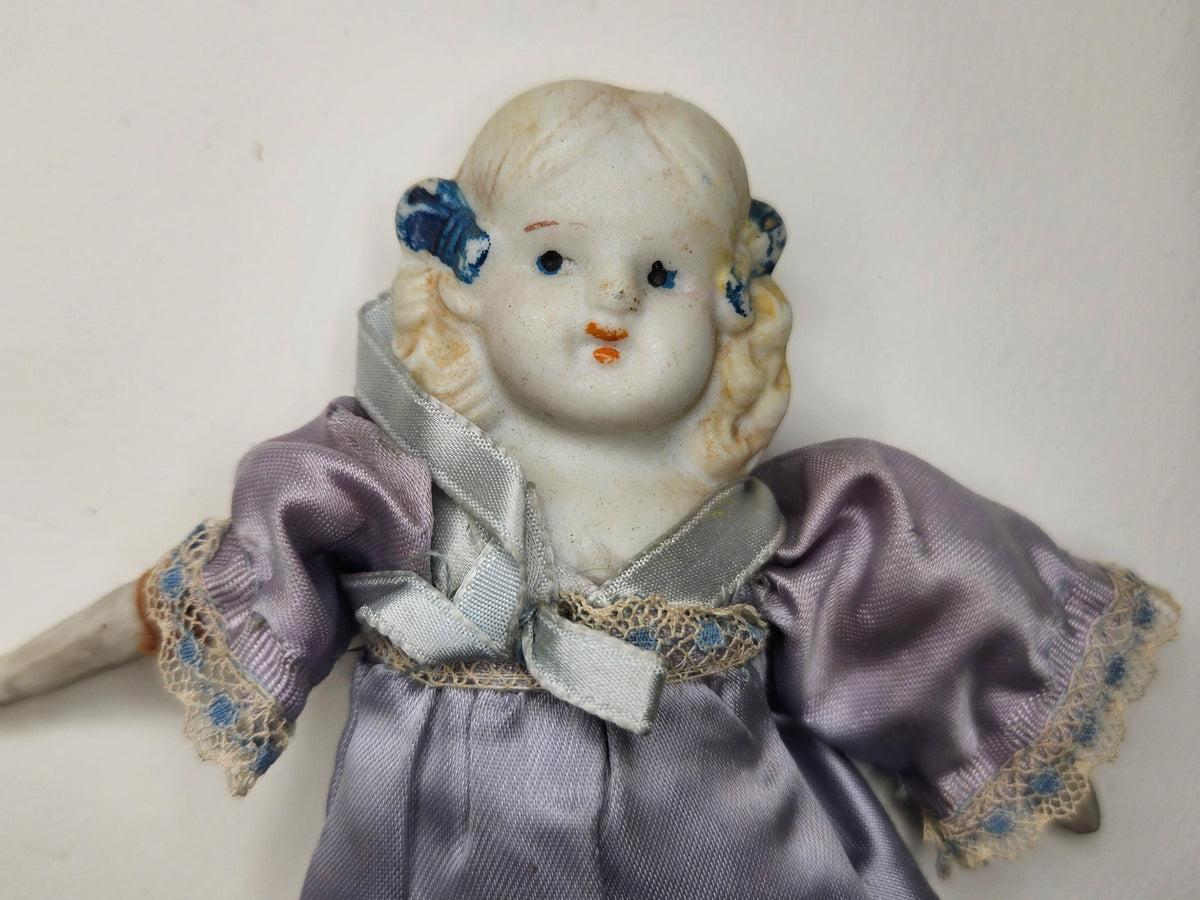 Japanese Bisque 7.5" Dolls- 1930s Boy and Girl Jointed Bisque Dolls Original Clothes-Hand Painted Features and Lace Underskirt - Sold as Set