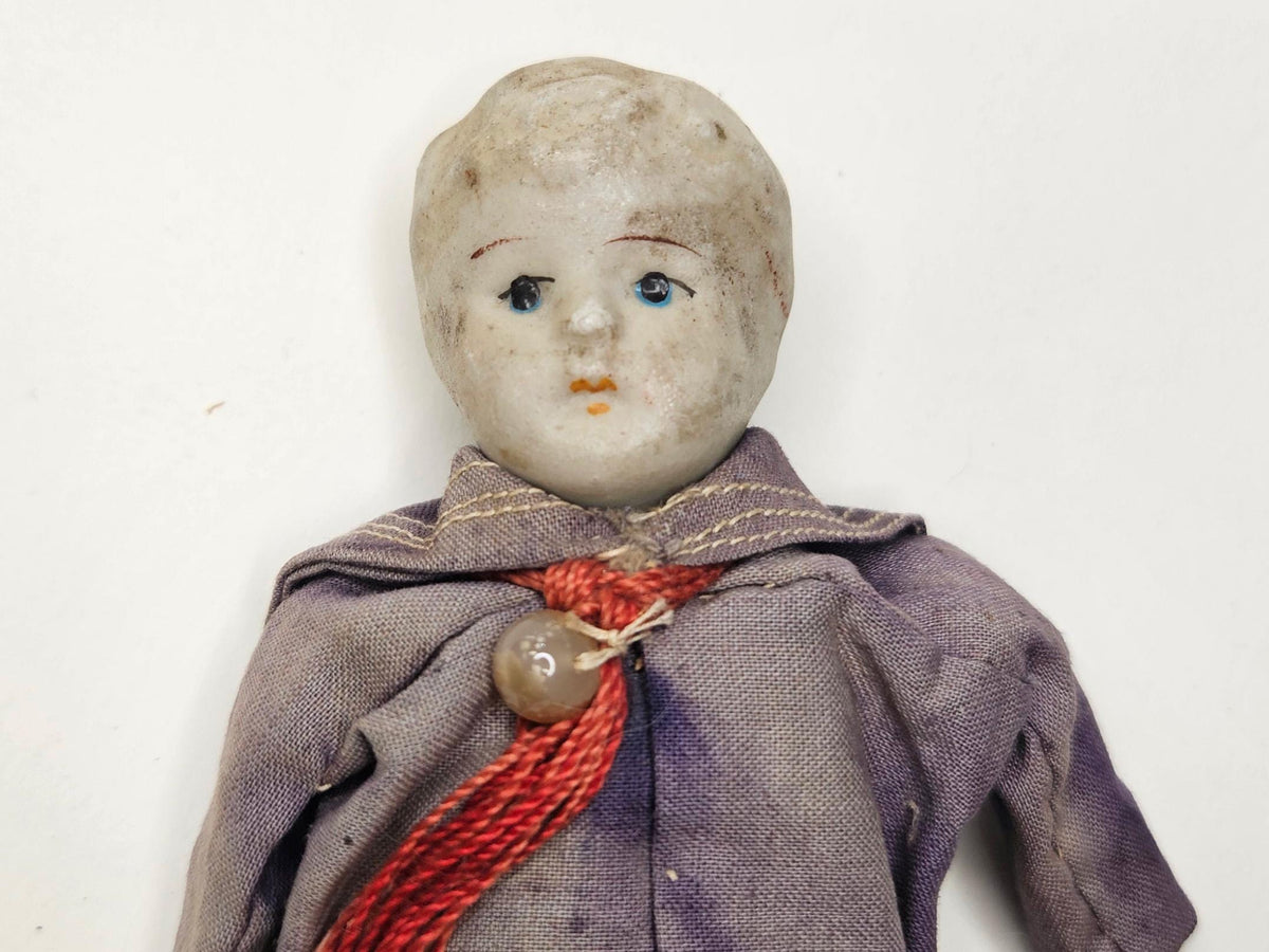 Japanese Bisque 7.5" Dolls- 1930s Boy and Girl Jointed Bisque Dolls Original Clothes-Hand Painted Features and Lace Underskirt - Sold as Set