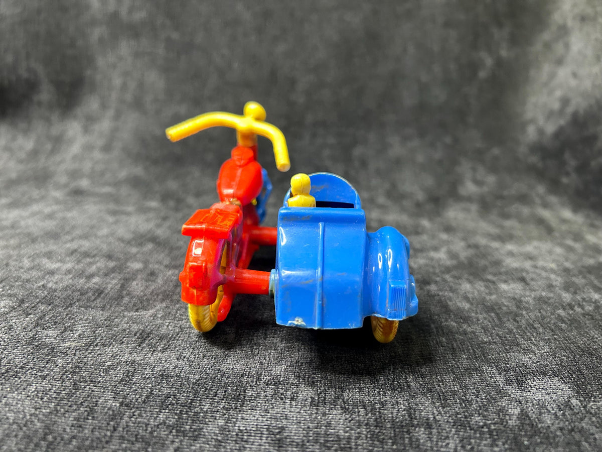 Renwal Motorcycle with Sidecar- Missing seat and Driver - Plastic Toy Motorcycle with Sidecar - MidCentury Toy  - minature Toy