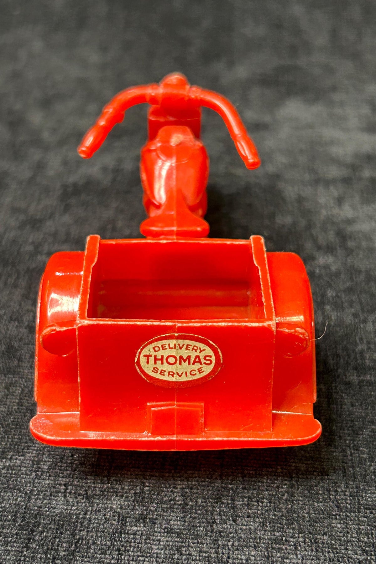 Thomas Toys -RARE 1950s Harley Davidson Delivery Trike and Delivery Man Driving- Delivery Man is Removable - Missing Plastic lid for Carrier