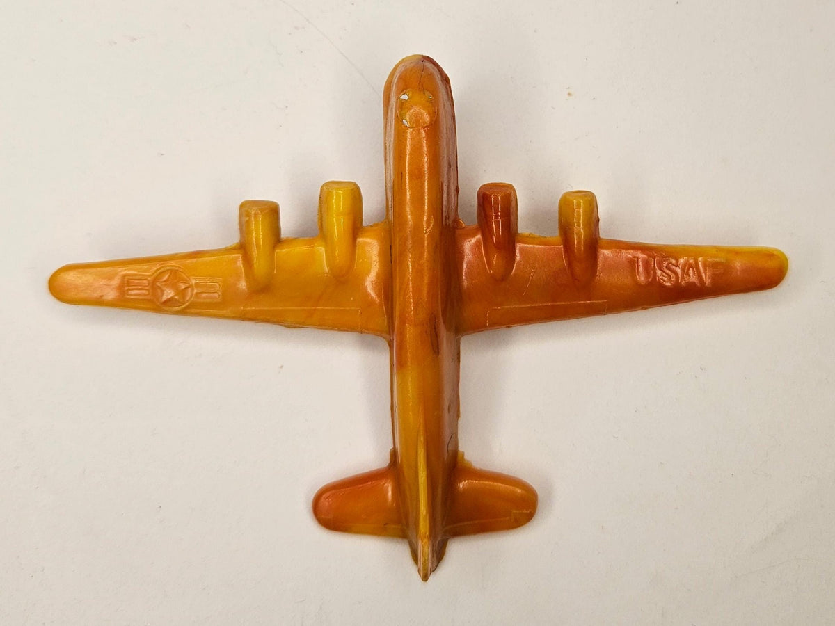 Orange Hard Plastic Toy Airplane- USAF With Wheels 4"W x 3"L x .05"H - Plastic Fighter Jet Marked USAF