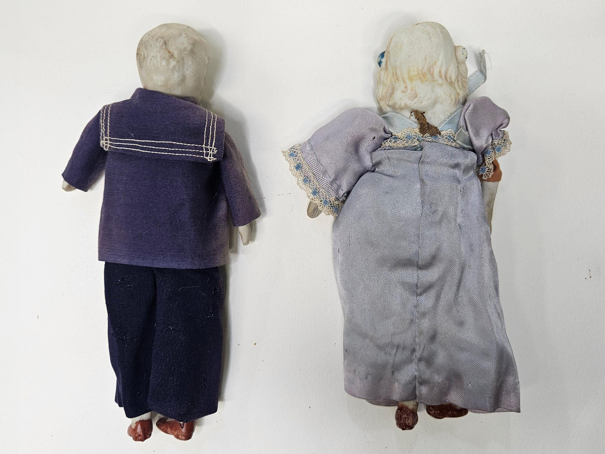 Japanese Bisque 7.5" Dolls- 1930s Boy and Girl Jointed Bisque Dolls Original Clothes-Hand Painted Features and Lace Underskirt - Sold as Set