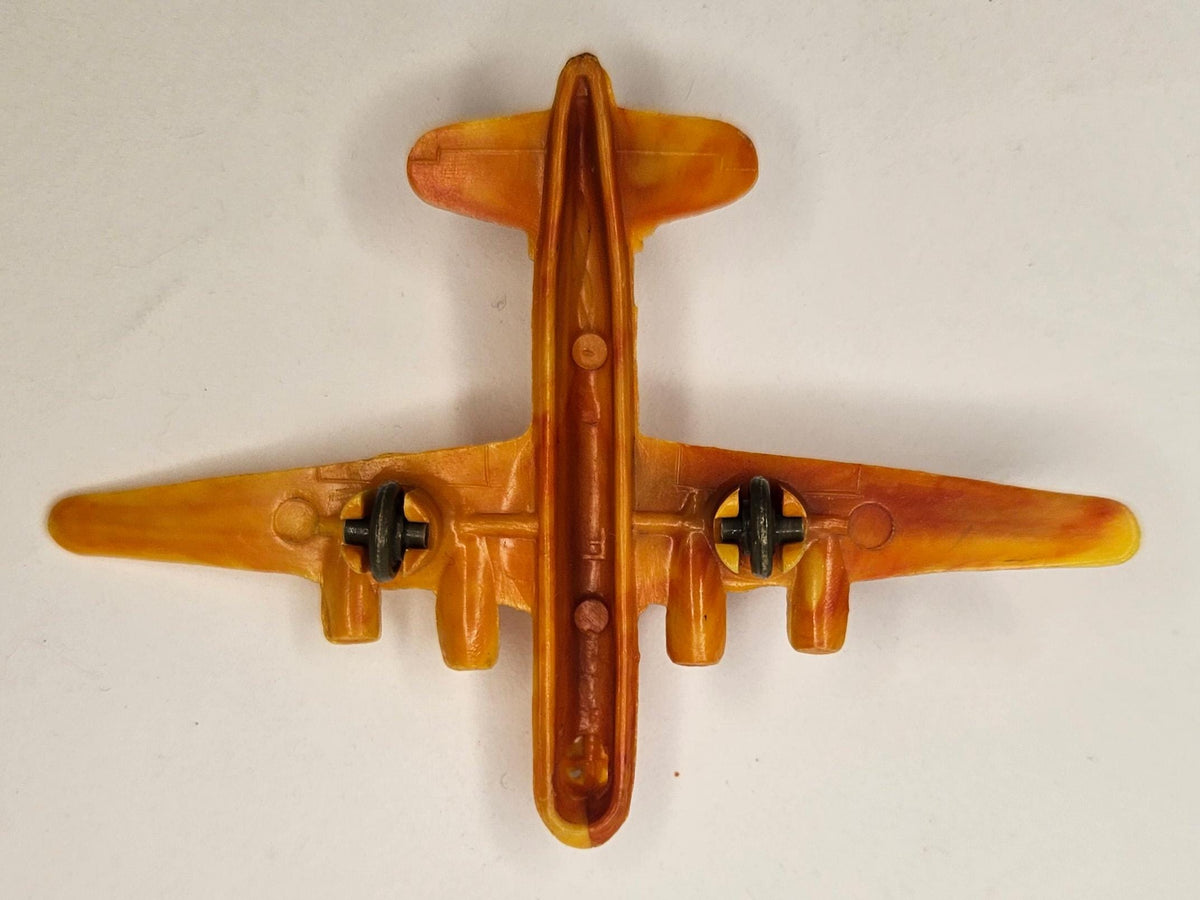 Orange Hard Plastic Toy Airplane- USAF With Wheels 4"W x 3"L x .05"H - Plastic Fighter Jet Marked USAF